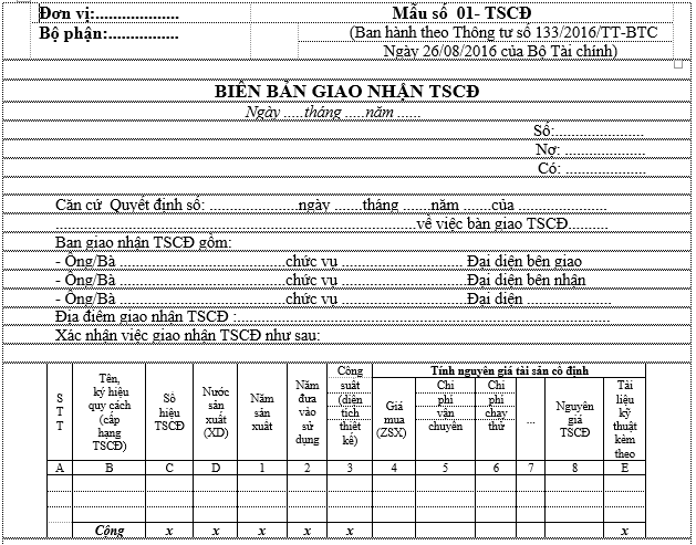 Tải về mẫu Biên bản giao nhận TSCĐ theo Thông tư 133 và Thông tư 200