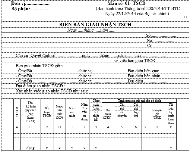 Tải về mẫu Biên bản giao nhận TSCĐ theo Thông tư 133 và Thông tư 200